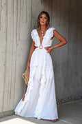 Deep V Neck Ruffle Strap Wood Ring Cutout Tiered Maxi Dress