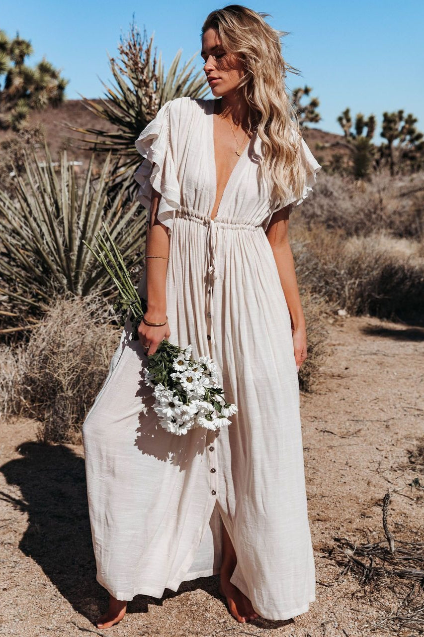Deep V Neck Ruffle Sleeve Drawstring Waist Button Front Pocket Maxi Dress