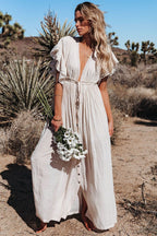 Deep V Neck Ruffle Sleeve Drawstring Waist Button Front Pocket Maxi Dress