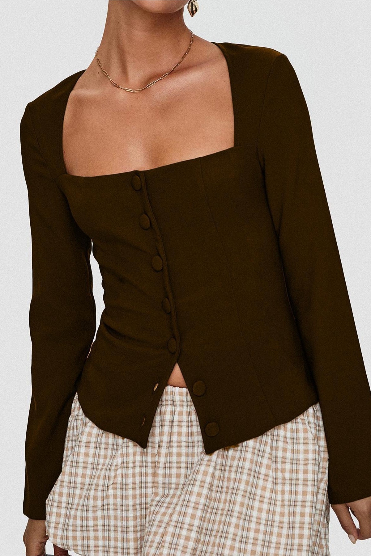 Single Button Knit Long Sleeve Blouse