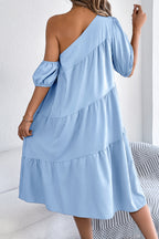 Solid Color Loose Slash Neck Short-sleeved Casual Midi Dress