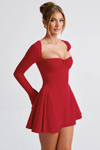 Long Sleeve Sweetheart Bow Neck Fit and Flare Mini Dress