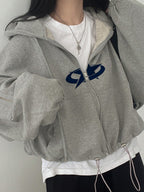 Star Print Zipper Drawstring Hem Oversized Hoodie