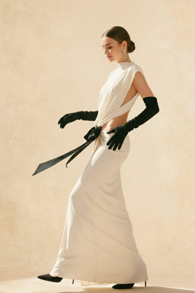 Mock Neck Sleeveless Side Cut Out Oversized Bow Tail Maxi Gown