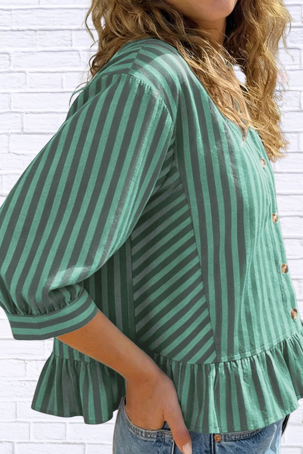 Striped Ruffle Hem Button-Down Shirt | Chic Women__ Top