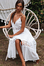 White Deep V Neck Crochet Lace Insert Button Front Ruffle Hem Midi Dress