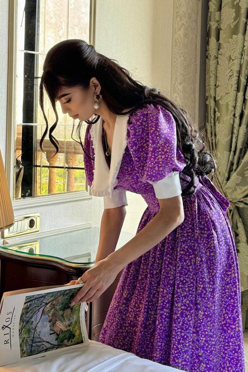 Purple Peter Pan Collar Short Sleeve Tie Waist Tiered Maxi Floral Print Dress