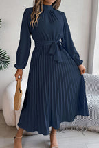 Mock Neck Lantern Sleeve Belted Pleated A-Line Midi Dress