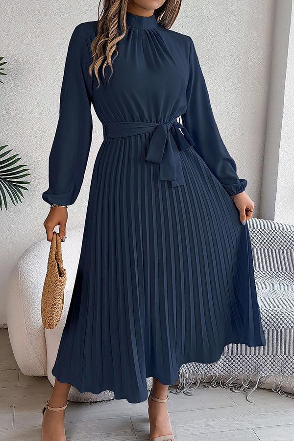 Mock Neck Lantern Sleeve Belted Pleated A-Line Midi Dress