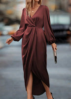 Wrap V Neck Bishop Sleeve Twist Front Draped Midi Dress