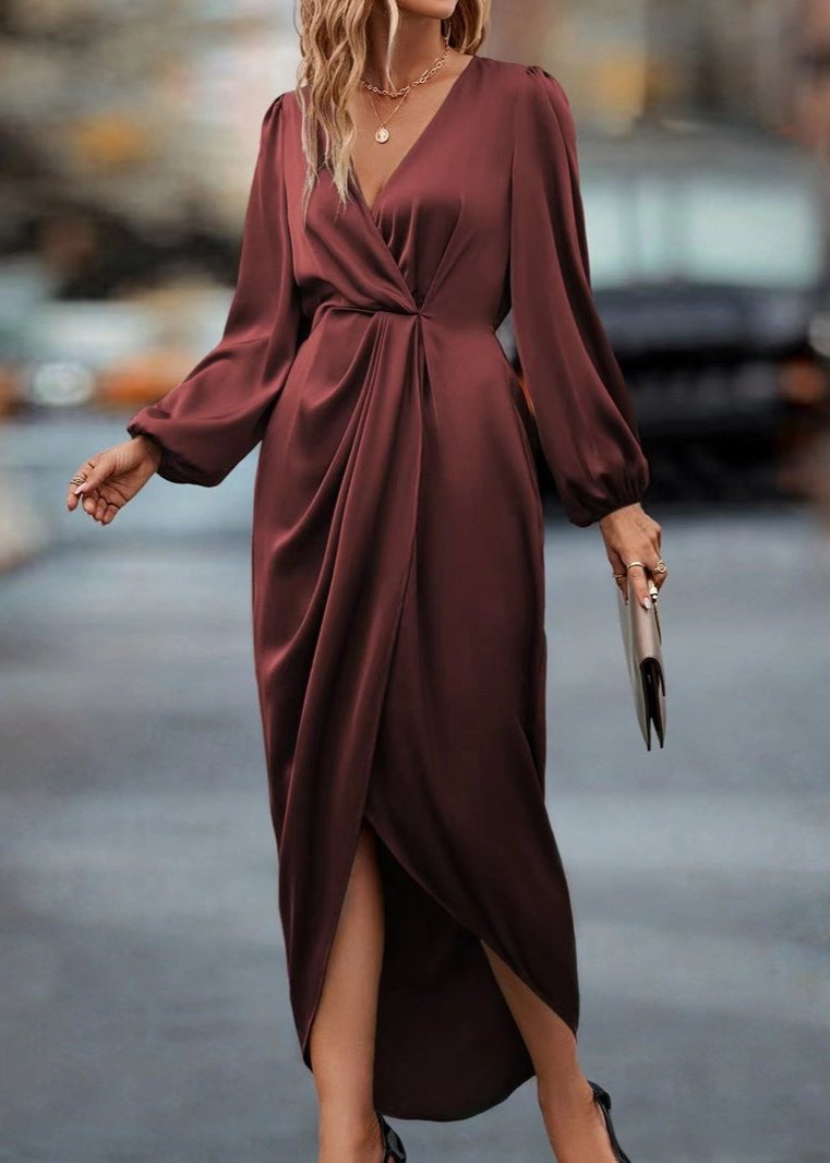 Wrap V Neck Bishop Sleeve Twist Front Draped Midi Dress