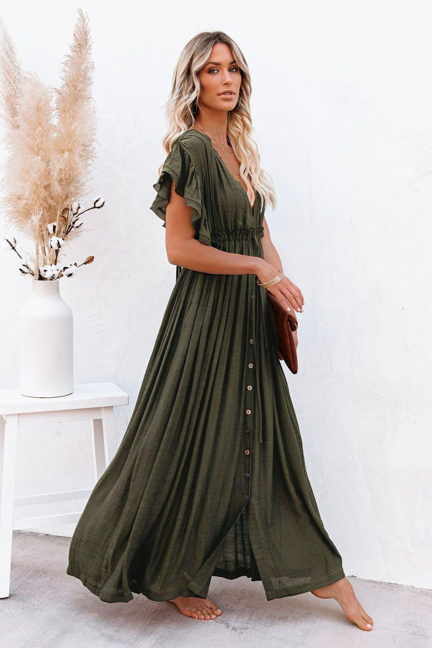 Deep V Neck Ruffle Sleeve Drawstring Waist Button Front Pocket Maxi Dress