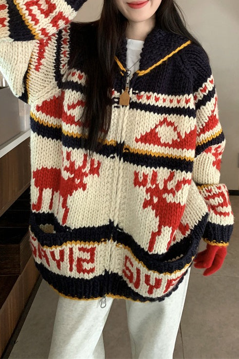 Knitted Relaxed Deer Striped Sweater