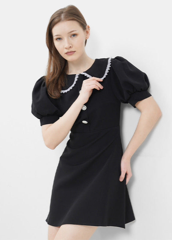 Peter Pan Collar Lace Trim Puff Sleeve Rhinestone Button A-Line Mini Dress