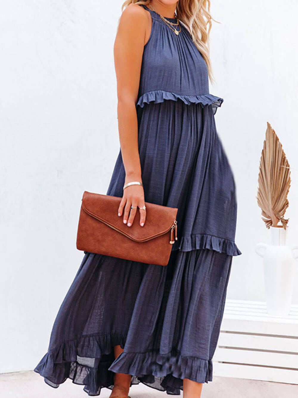 Tiered Ruffle Trim Sleeveless Halter Neck Maxi Dress