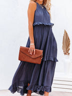 Tiered Ruffle Trim Sleeveless Halter Neck Maxi Dress