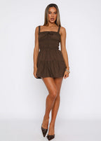Smocked Tie Front Square Neck Tiered Ruffle Mini Dress