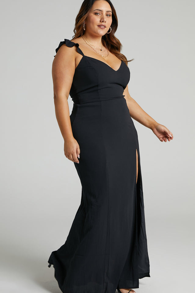 Deep V-Neck Ruffle Strap Thigh Slit Floor Length Maxi Dress