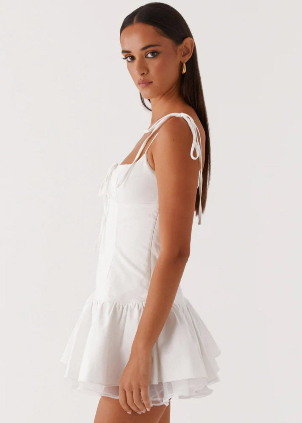 Corset Sweetheart Keyhole Tie Shoulder Tiered Ruffle Mini Dress