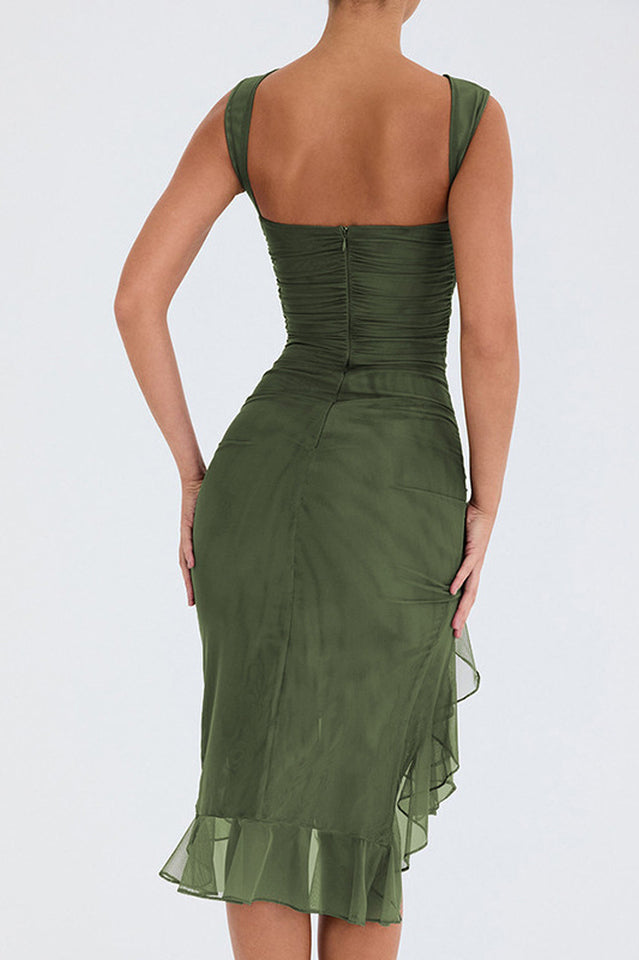 Crew Neck Ruched Mesh Bodycon High Slit Tiered Ruffle Hem Midi Dress