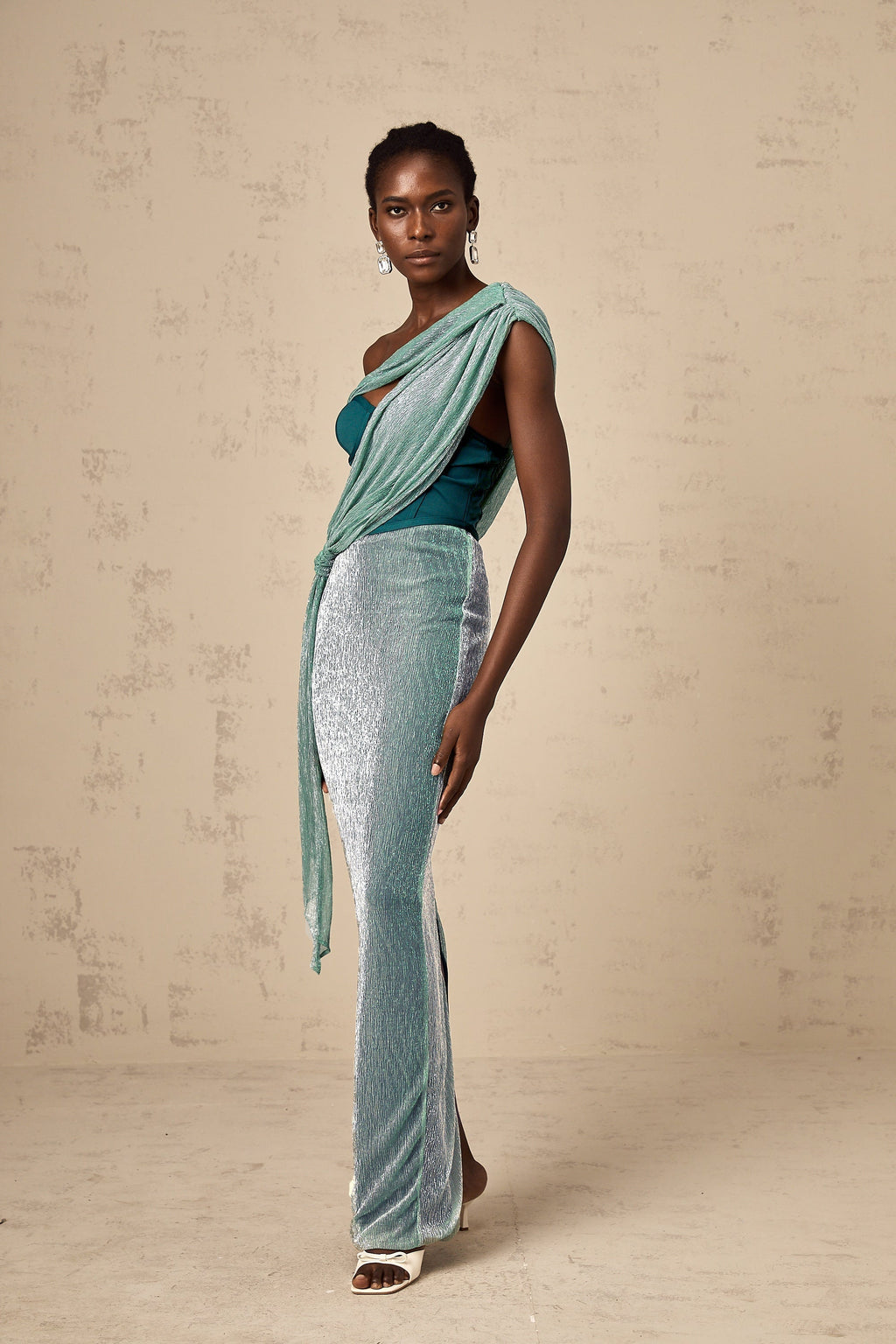 Delphine ribbon-design corset maxi dress in Green