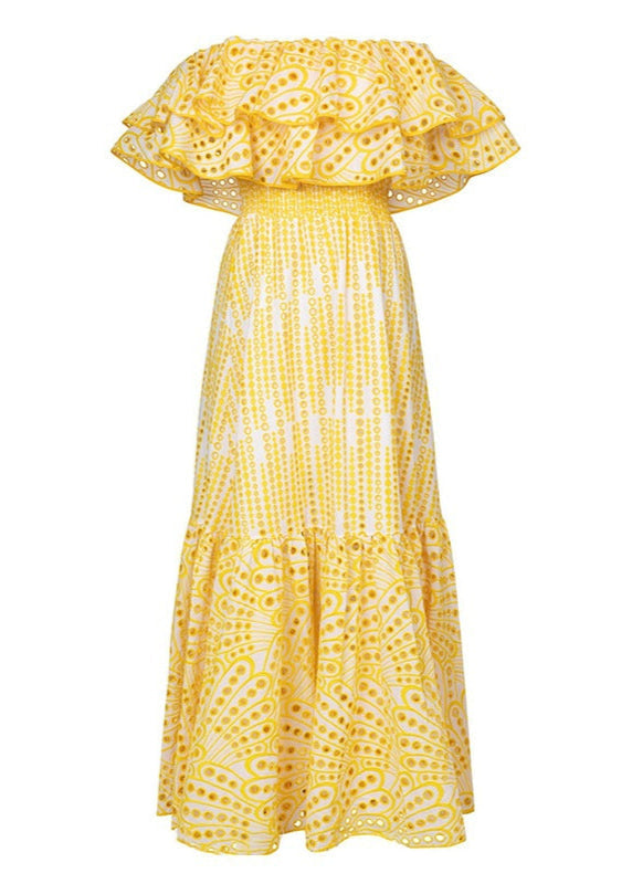 Off Shoulder Eyelet Lace Smocked Tiered Ruffle Maxi Dress