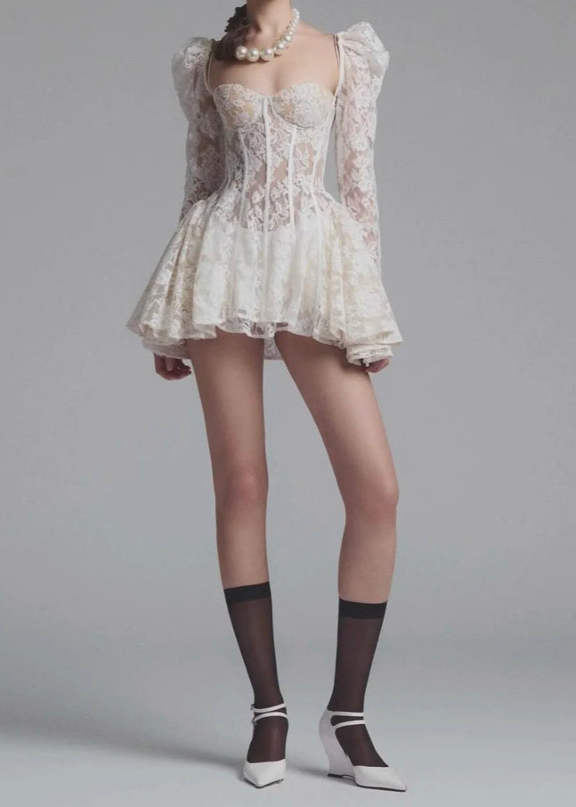 Floral Lace Corset Sweetheart Puff Sleeve Fit and Flare Mini Dress