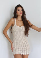 Crochet Pearl Trim Scoop Neck Wide Strap Bodycon Mini Dress