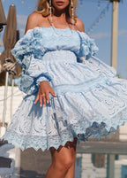 Off Shoulder Eyelet Puff Sleeve Smocked Waist Tiered Lace Mini Dress