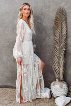 Lace Floral Embroidery Deep V-Neck Bishop Sleeve High Split Sheer Maxi Dress
