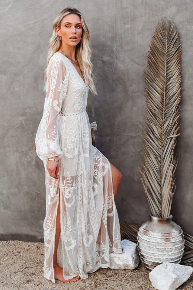 Lace Floral Embroidery Deep V-Neck Bishop Sleeve High Split Sheer Maxi Dress