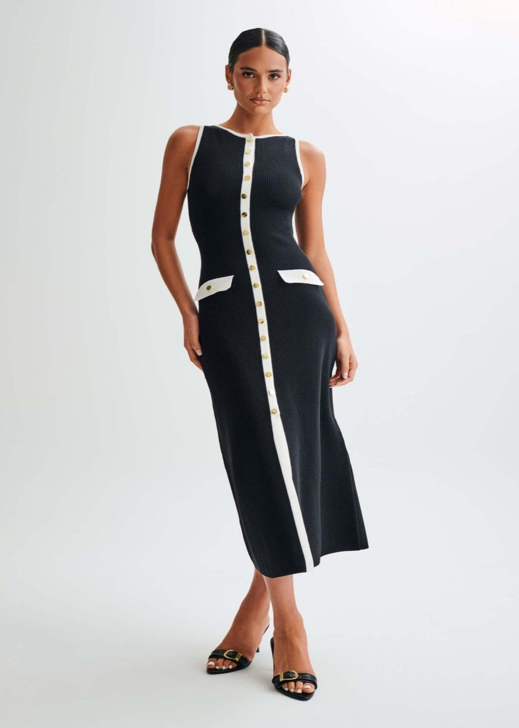 Ribbed Knit Contrast Trim Button Front Pocket Flap Sleeveless Midi Dress