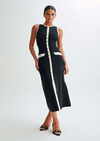 Ribbed Knit Contrast Trim Button Front Pocket Flap Sleeveless Midi Dress