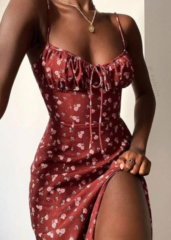 Floral Print Ruched Bustier Spaghetti Strap High Split Midi Dress