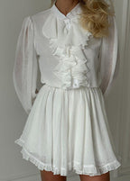 Ruffle High Neck Button Front Lantern Sleeve Fit and Flare Mini Dress