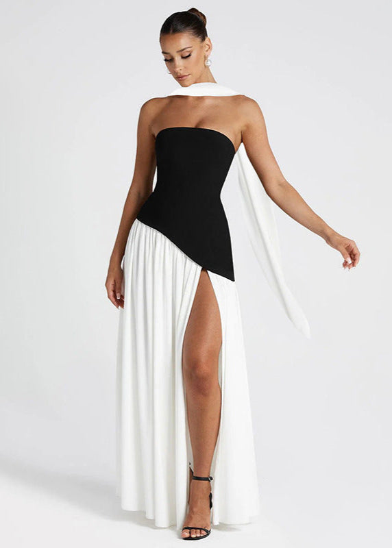 Strapless Asymmetrical Bodice Choker Sash High Slit Maxi Gown