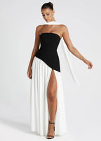 Strapless Asymmetrical Bodice Choker Sash High Slit Maxi Gown