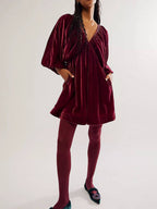 Velvet Deep V-Neck Puff Sleeve Empire Waist Mini Dress