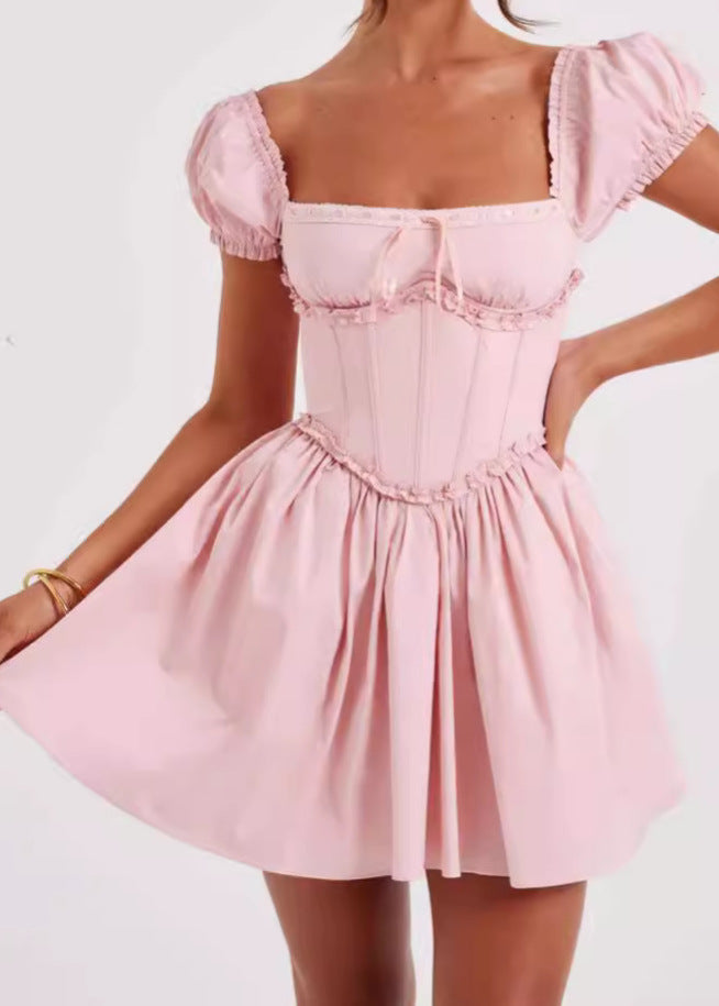 Off Shoulder Puff Sleeve Corset Bodice Basque Waist Mini Dress