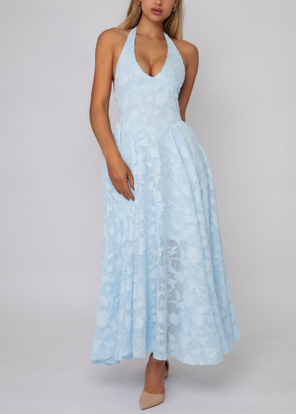 Halter Neck Floral Burnout Deep V Neck Maxi Dress