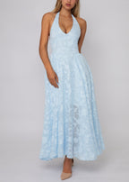 Halter Neck Floral Burnout Deep V Neck Maxi Dress