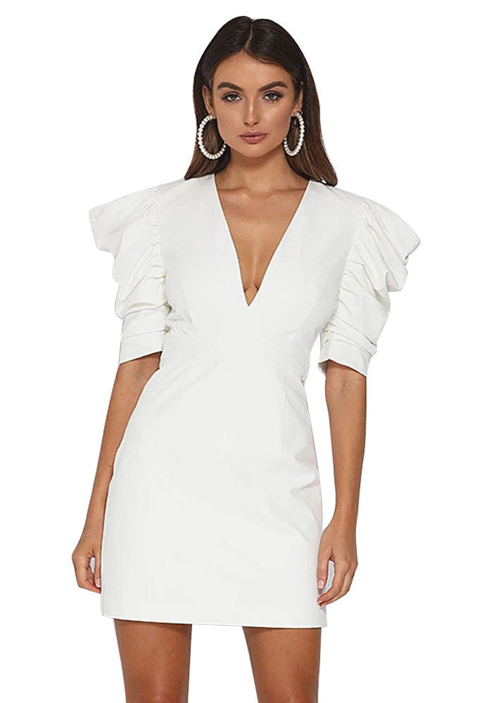 Deep V-Neck Structured Puff Sleeve Bodycon Mini Dress