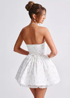 Floral Print Strapless Corset Lace Up Puff Skirt Mini Dress