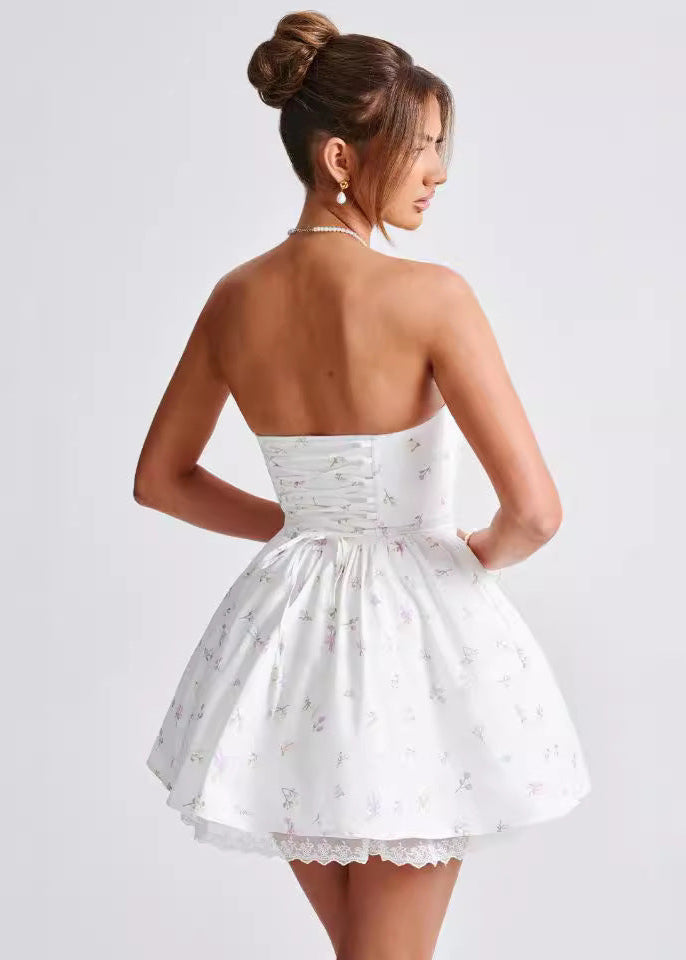 Floral Print Strapless Corset Lace Up Puff Skirt Mini Dress