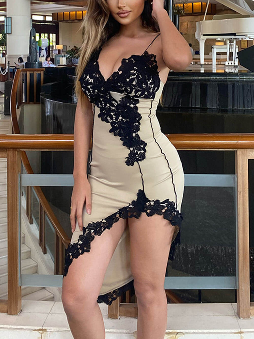 Lace Applique Spaghetti Strap Deep V-Neck High Split Asymmetrical Hem Bodycon Midi Dress