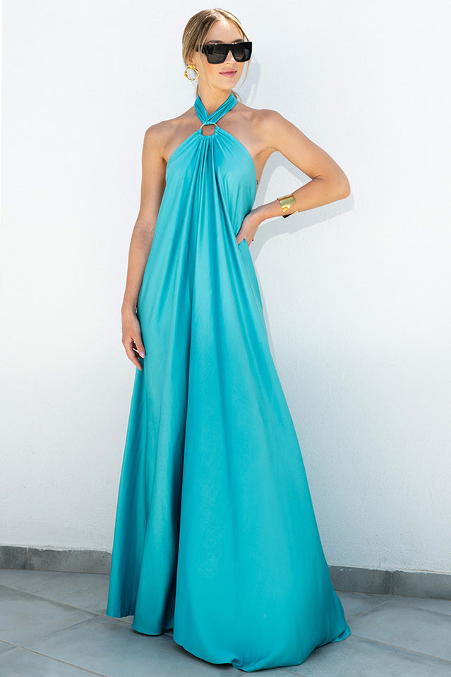 Satin Halter Ring Detail Draped Backless Floor Length Maxi Dress