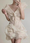 Organza Tiered Ruffle Lettuce Edge V Neck Mini Dress