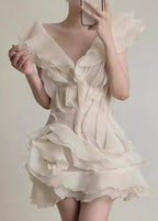 Organza Tiered Ruffle Lettuce Edge V Neck Mini Dress