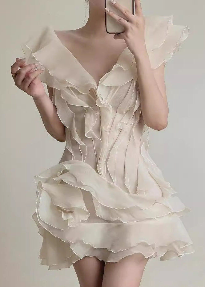 Organza Tiered Ruffle Lettuce Edge V Neck Mini Dress