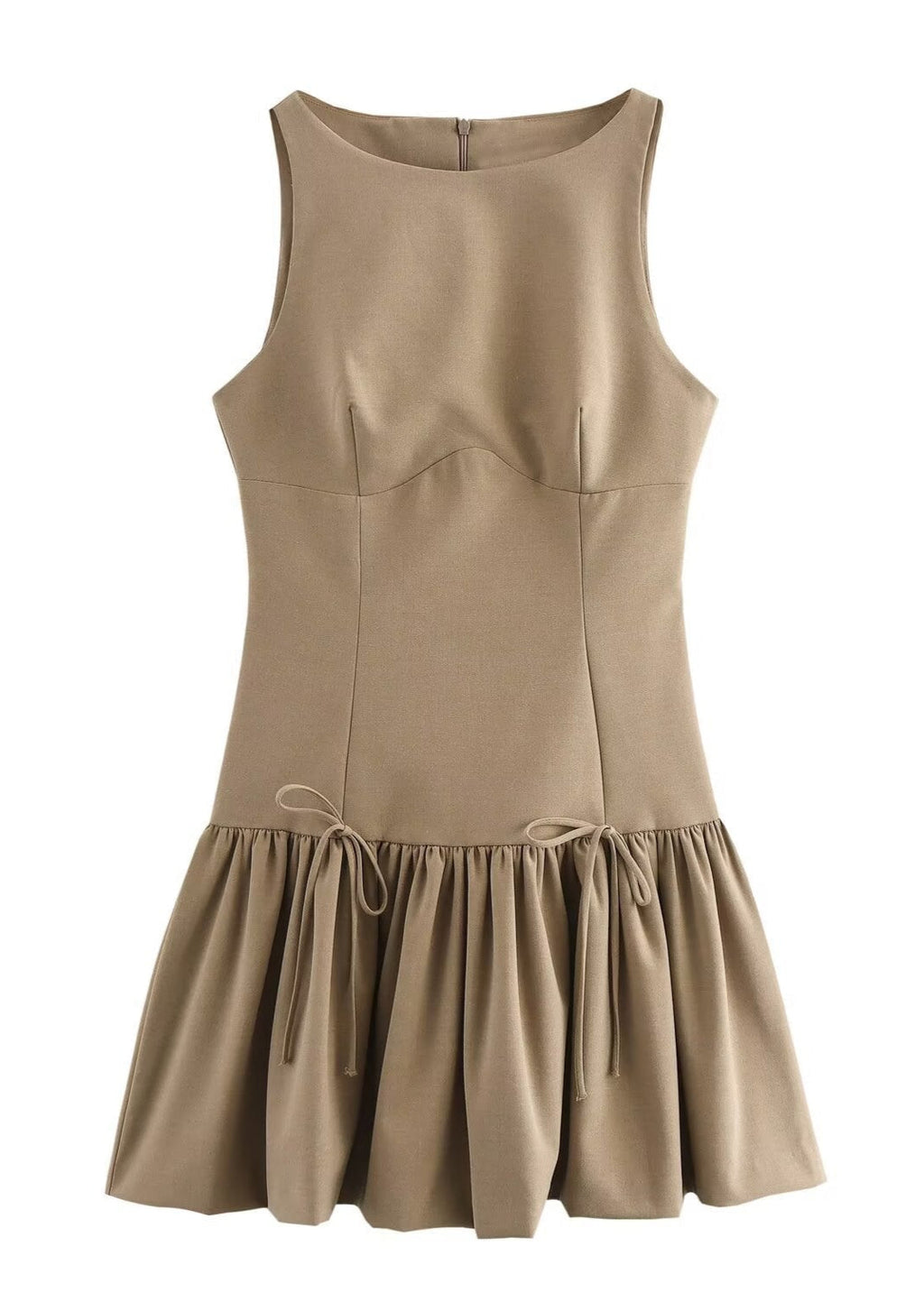 Sleeveless Round Neck Drop Waist Side Tie Ruffle Hem Mini Dress